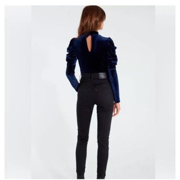 NWT Misa Los Angeles Velvet Midnight Blue Velvet Puff Sleeve Bodysuit Size XS - Picture 4 of 12